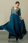 Buy_World of Sugandh_Blue Silk Tassels V-neck Floral Embroidered Pleated Anarkali _Online_at_Aza_Fashions