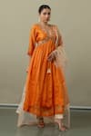 Shop_World of Sugandh_Orange Silk, Chiffon Sequins, Embroidery V-neck Citrus Dream Anarkali Pant Set _at_Aza_Fashions