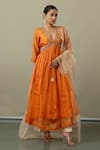 World of Sugandh_Orange Silk, Chiffon Sequins, Embroidery V-neck Citrus Dream Anarkali Pant Set _Online_at_Aza_Fashions