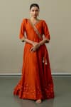 Buy_World of Sugandh_Orange Silk Embroidery V-neck Floral Yoke Angarkha Anarkali _at_Aza_Fashions