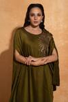 World of Sugandh_Green Silk Embroidery Round Neck Placement Flower Kaftan _Online_at_Aza_Fashions