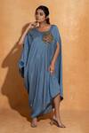 Buy_World of Sugandh_Blue Silk Sequins Round Neck Placement Rose Embroidered Kaftan _at_Aza_Fashions