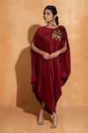 Buy_Sugandh Gupta_Maroon Dupian Silk Hand Embroidery Floral Round Neck Placement Flower Kaftan _at_Aza_Fashions