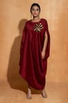 Sugandh Gupta_Maroon Dupian Silk Hand Embroidery Floral Round Neck Placement Flower Kaftan _Online_at_Aza_Fashions