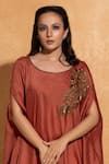 Sugandh Gupta_Peach Dupian Silk Hand Embroidery Falling Leaves Round Neck Kaftan _Online_at_Aza_Fashions