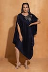 Buy_Sugandh Gupta_Blue Dupian Silk Hand Embroidery Rosette Round Neck Kaftan _at_Aza_Fashions