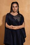 Buy_Sugandh Gupta_Blue Dupian Silk Hand Embroidery Rosette Round Neck Kaftan _Online_at_Aza_Fashions