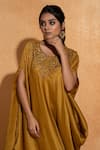 Buy_Sugandh Gupta_Yellow Dupian Silk Hand Embroidery Floral Round Neck Yoke Kaftan _Online_at_Aza_Fashions