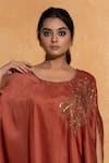 Sugandh Gupta_Peach Dupian Silk Hand Embroidery Floral Round Neck Sequin Kaftan _Online_at_Aza_Fashions