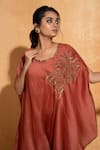 Buy_Sugandh Gupta_Peach Dupian Silk Hand Embroidery Floral Round Neck Sequin Kaftan _Online_at_Aza_Fashions