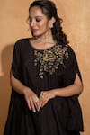 Buy_Sugandh Gupta_Black Dupian Silk Hand Embroidery Rosette Round Neck Bloom Kaftan _Online_at_Aza_Fashions