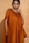 Sugandh Gupta_Orange Dupian Silk Hand Embroidery Rosette Round Neck Bloom Yoke Kaftan _Online_at_Aza_Fashions