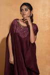 Sugandh Gupta_Wine Dupian Silk Hand Embroidery Rosette Round Neck Bloom Kaftan _Online_at_Aza_Fashions