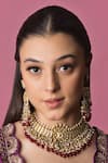 Shop_Queens Jewels_Red Beads, Gota Patti Arya Geometric Carved Choker Set _at_Aza_Fashions