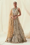 Buy_Rococo_Gold Net Embroidered Sequin Round Amire Lehenga Set _at_Aza_Fashions