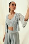 Rococo_Blue Net Embroidered Sequin V-neck Maya Jacket With Sharara Set _Online_at_Aza_Fashions