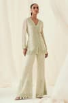 Buy_Rococo_Green Organza Embroidered Pearl V-neck Farida Jacket With Flared Pant _at_Aza_Fashions