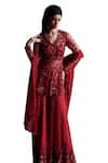 Rococo_Red Net Embroidered Beads V-neck Gul Kurta Sharara Set _Online_at_Aza_Fashions