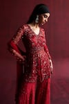 Rococo_Red Net Embroidered Beads V-neck Gul Kurta Sharara Set _at_Aza_Fashions