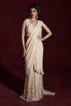 Buy_Rococo_Beige Net Embroidered Sequin Sweetheart Heer Pre-draped Saree Set _at_Aza_Fashions