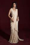 Rococo_Beige Net Embroidered Sequin Sweetheart Heer Pre-draped Saree Set _Online_at_Aza_Fashions