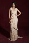 Buy_Rococo_Beige Net Embroidered Sequin Sweetheart Heer Pre-draped Saree Set _Online_at_Aza_Fashions