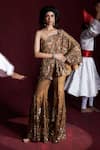 Buy_Rococo_Brown Net Embroidered Sequin One-shoulder Dina Cape With Sharara _at_Aza_Fashions