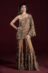 Rococo_Brown Net Embroidered Sequin One-shoulder Dina Cape With Sharara _Online_at_Aza_Fashions