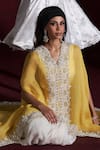 Buy_Rococo_Yellow Organza Embroidered Pearls V-neck Sohar Cape With Draped Skirt Set _at_Aza_Fashions