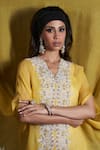 Shop_Rococo_Yellow Organza Embroidered Pearls V-neck Sohar Cape With Draped Skirt Set _at_Aza_Fashions