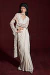 Buy_Rococo_Ivory Net Embroidered Sequin V-neck Hala Pre-draped Saree With Jacket Set _at_Aza_Fashions