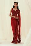 Buy_Rococo_Red Net Embroidered Sequin V-neck Lina Pre-draped Saree Set _at_Aza_Fashions