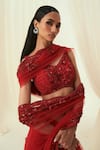 Buy_Rococo_Red Net Embroidered Sequin V-neck Lina Pre-draped Saree Set _Online_at_Aza_Fashions