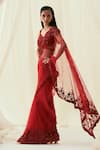 Shop_Rococo_Red Net Embroidered Sequin V-neck Lina Pre-draped Saree Set _at_Aza_Fashions