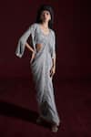 Buy_Rococo_Grey Net Embroidered Sequin V-neck Asma Pre-draped Saree Set With Cape _at_Aza_Fashions