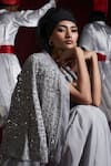 Shop_Rococo_Grey Net Embroidered Sequin V-neck Asma Pre-draped Saree Set With Cape _at_Aza_Fashions