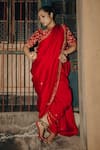 Label Earthen_Red Chinniya Raw Embroidery Zardozi Amoha Saree With Floral Blouse _Online_at_Aza_Fashions