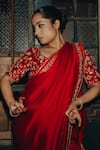 Buy_Label Earthen_Red Chinniya Raw Embroidery Zardozi Amoha Saree With Floral Blouse _Online_at_Aza_Fashions