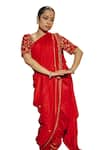 Label Earthen_Red Chinniya Raw Embroidery Zardozi Amoha Saree With Floral Blouse _at_Aza_Fashions