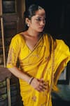 Shop_Label Earthen_Yellow Chinniya Raw Embroidery Zardozi Paan Anvita Saree With Blouse _at_Aza_Fashions