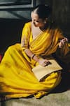 Label Earthen_Yellow Chinniya Raw Embroidery Zardozi Paan Anvita Saree With Blouse _at_Aza_Fashions