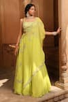 Buy_Niamh By Kriti_Green Georgette And Organza Embroidery Floral Scoop Neck Hand Cape & Lehenga Set _at_Aza_Fashions