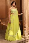 Niamh By Kriti_Green Georgette And Organza Embroidery Floral Scoop Neck Hand Cape & Lehenga Set _at_Aza_Fashions