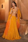 Buy_Niamh By Kriti_Yellow Silk Crepe And Organza Embroidery Floral V Neck Border Cape & Lehenga Set _at_Aza_Fashions