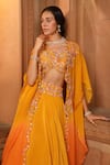 Buy_Niamh By Kriti_Yellow Silk Crepe And Organza Embroidery Floral V Neck Border Cape & Lehenga Set _Online_at_Aza_Fashions