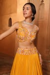 Shop_Niamh By Kriti_Yellow Silk Crepe And Organza Embroidery Floral V Neck Border Cape & Lehenga Set 