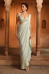 Buy_Niamh By Kriti_Green Silk Crepe Hand Embroidery Leaf Textured Pre-draped Saree With Blouse _Online_at_Aza_Fashions