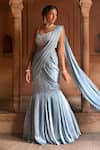 Buy_Niamh By Kriti_Blue Silk Crepe Hand Embroidery Pre-draped Mermaid Cut Saree With Blouse _at_Aza_Fashions