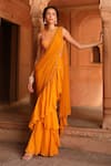 Buy_Niamh By Kriti_Orange Georgette And Organza Embroidery Beads Pre-draped Ruffle Saree With Blouse _at_Aza_Fashions