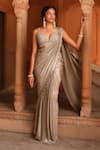 Buy_Niamh By Kriti_Gold Crushed Metallic Chiffon Shimmer Finish Pre-draped Saree With Blouse _at_Aza_Fashions